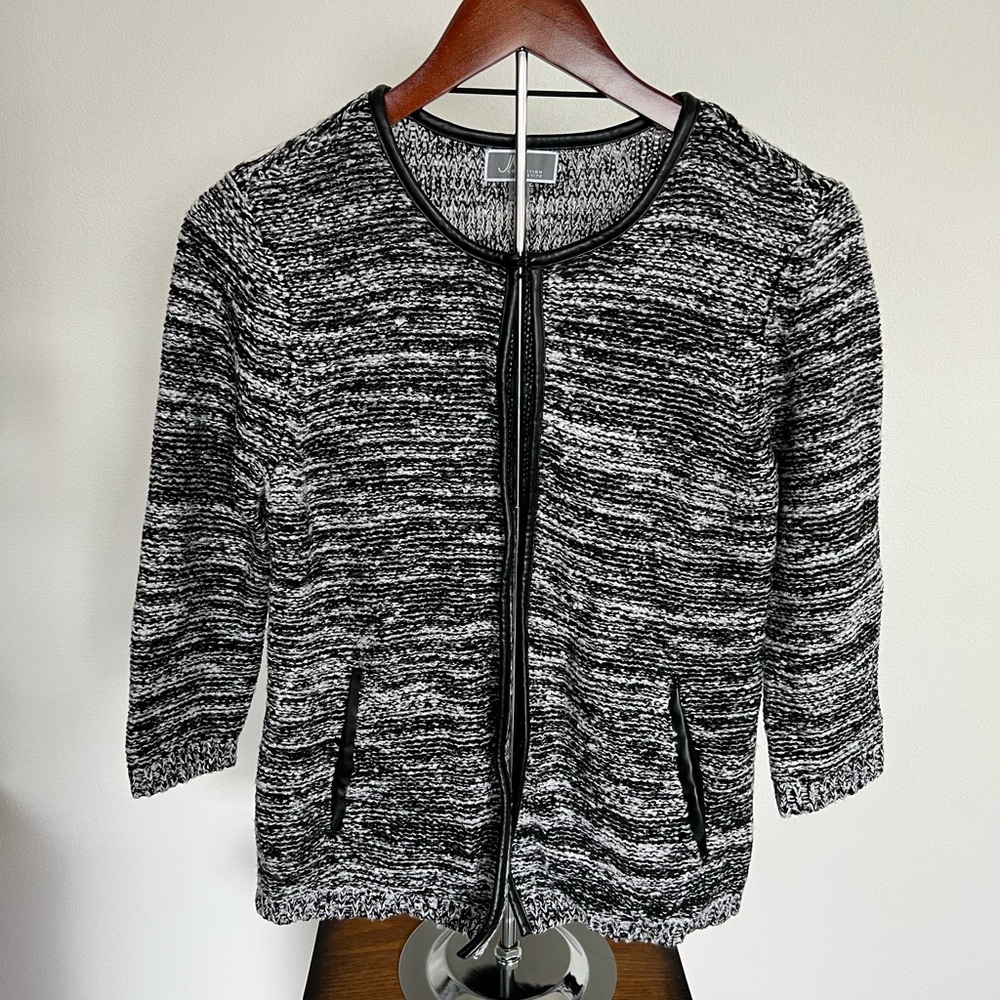 Black and White Knit Cardigan with leather detail